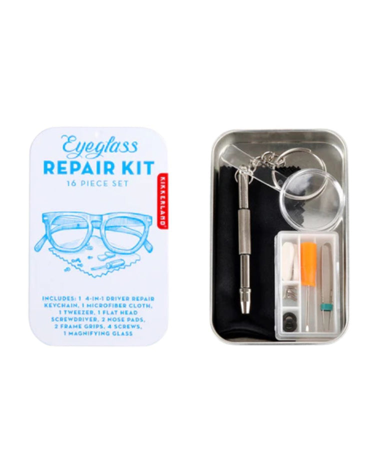 Kit de réparation pour lunettes avec outils variés sur fond neutre