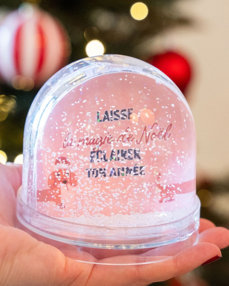 Boule à neige avec teckel en bonnet de Noël, vue de face