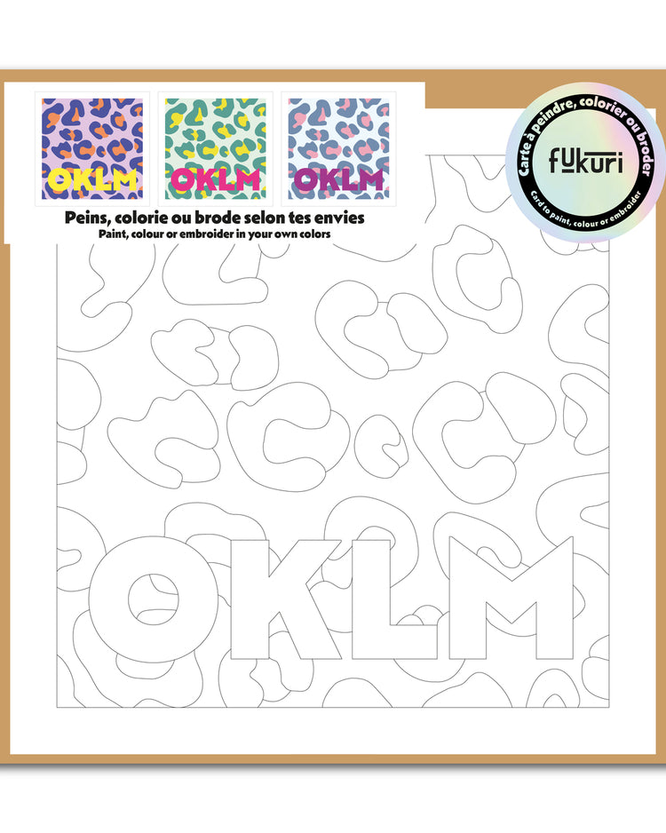 Carte à colorier avec inscription 'OKLM' et motifs ludiques