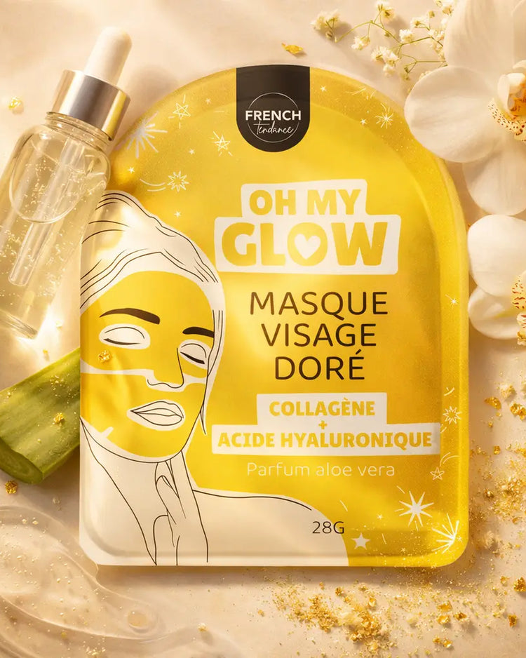 Masque visage doré avec texture lisse et brillante