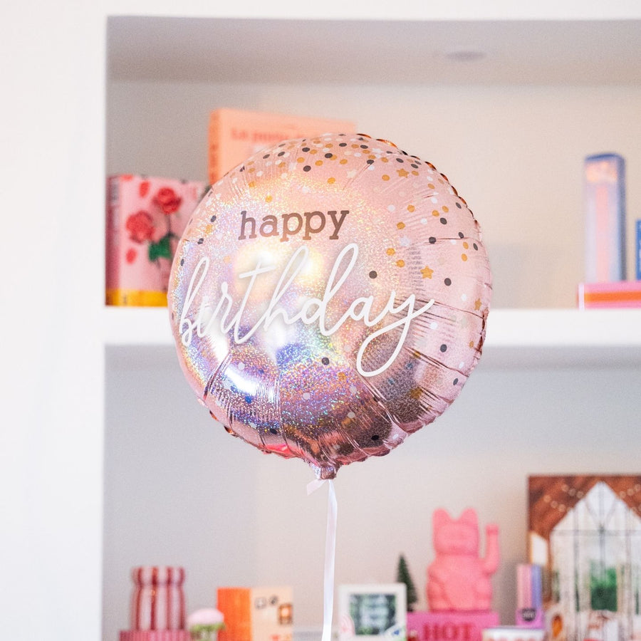 Ballon rose à paillettes avec inscription joyeux anniversaire
