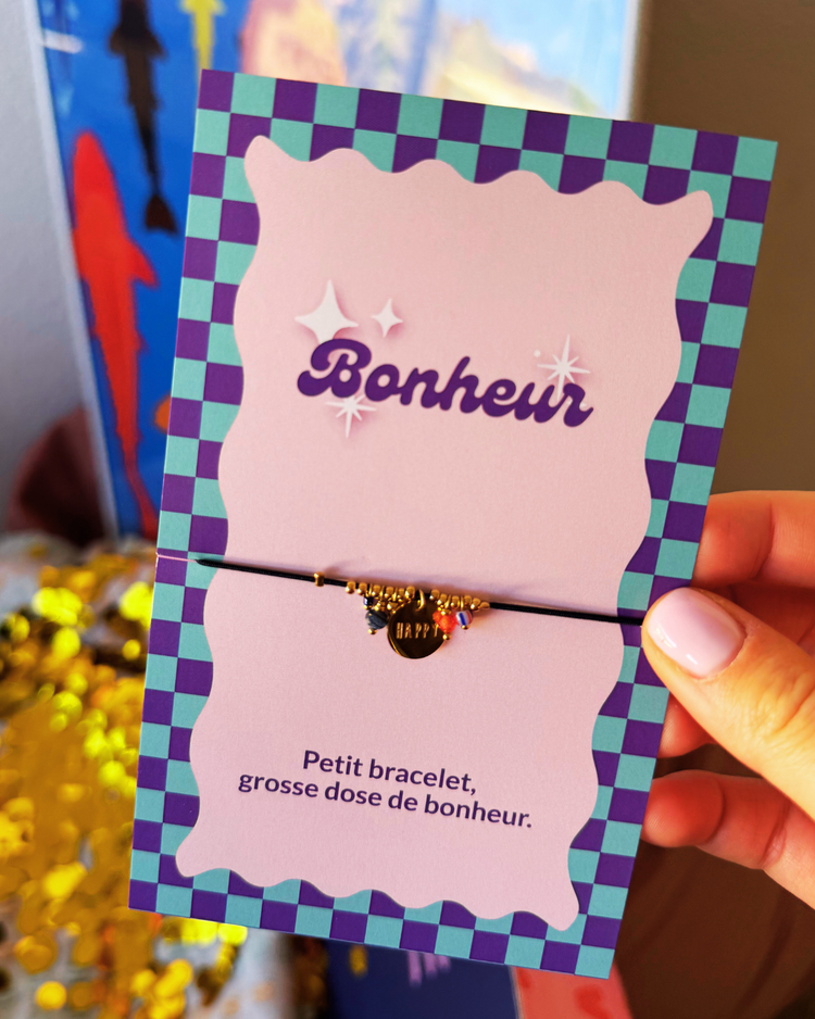 Bracelet Grigri avec médaille 'HAPPY' et perles colorées