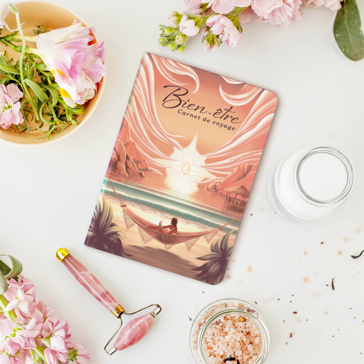 Carnet Bien Être avec illustration d'un hamac au coucher de soleil