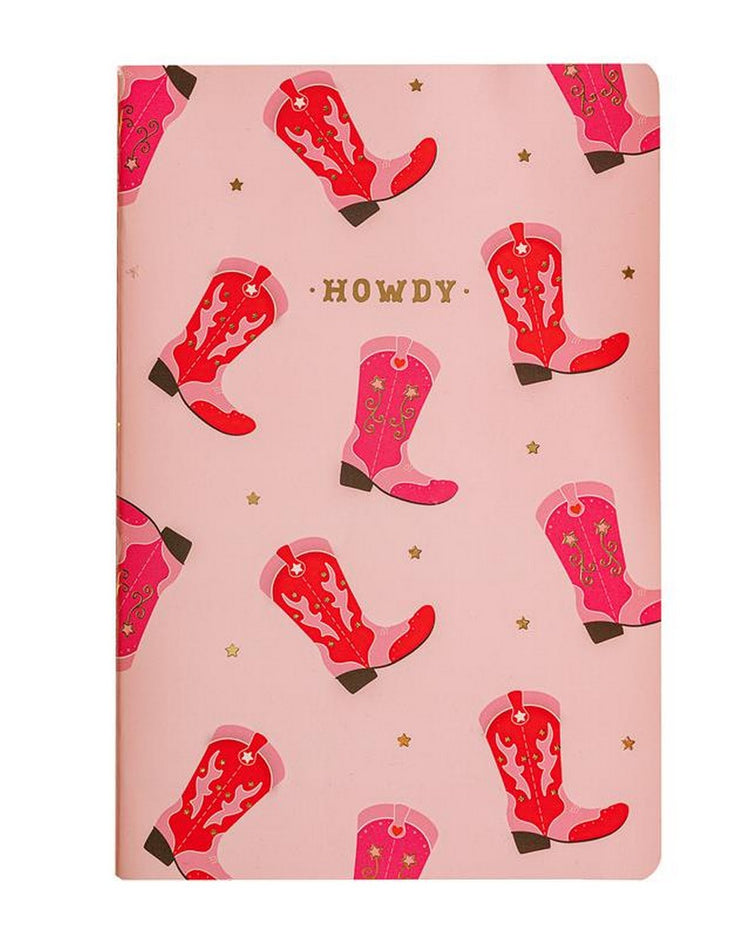 Carnet cowboy avec motif de bottes sur fond clair.