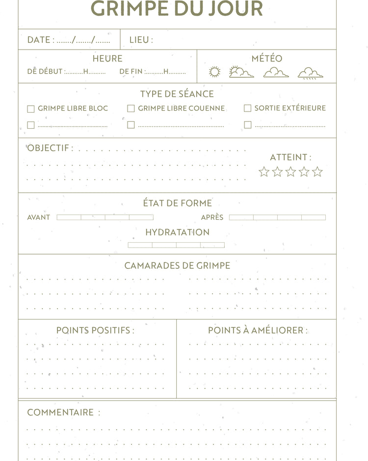 Carnet d'escalade ouvert, pages blanches et couverture texturée.