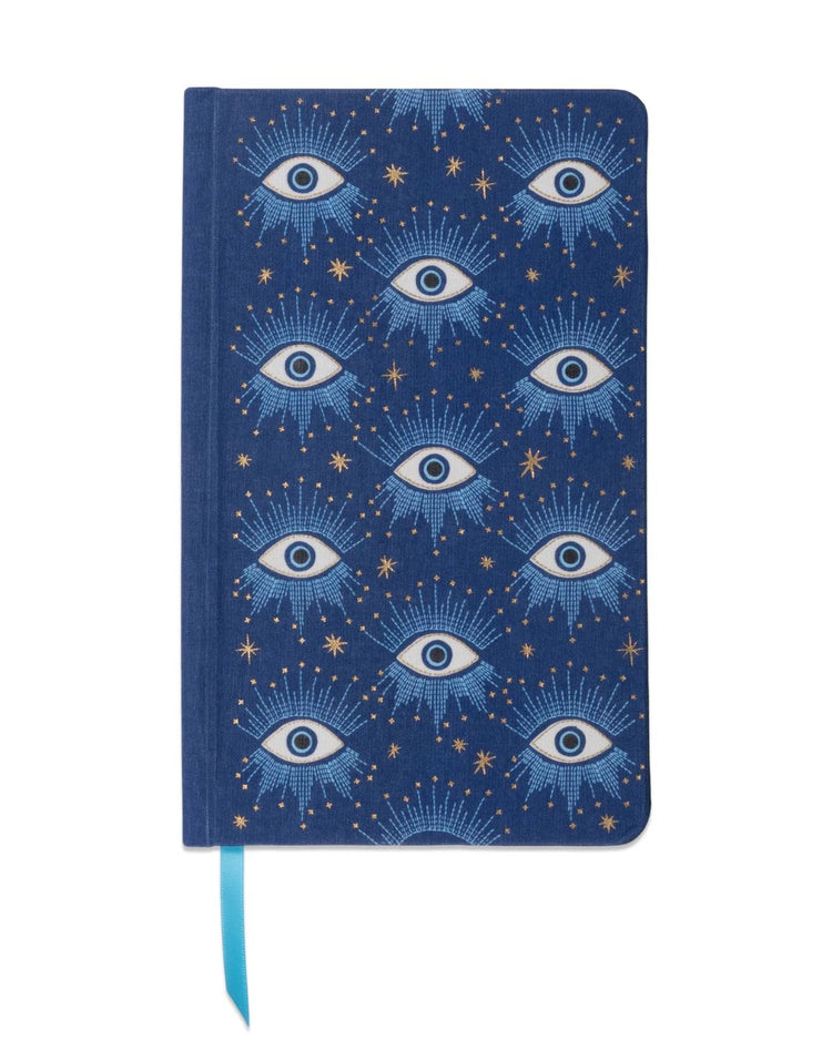 Carnet avec des yeux imprimés sur la couverture, design ludique.