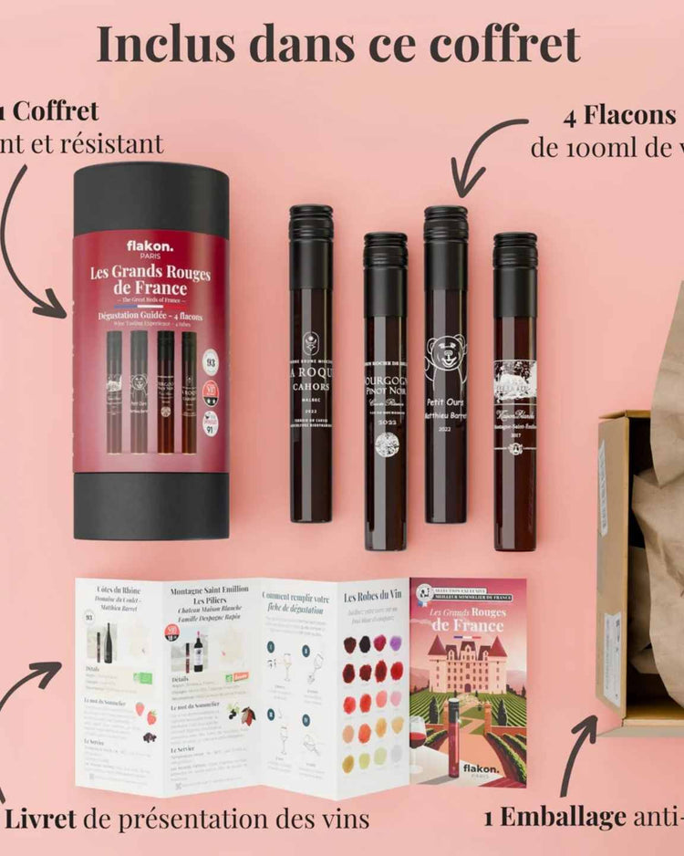 Coffret de grands crus avec flacons élégants en verre