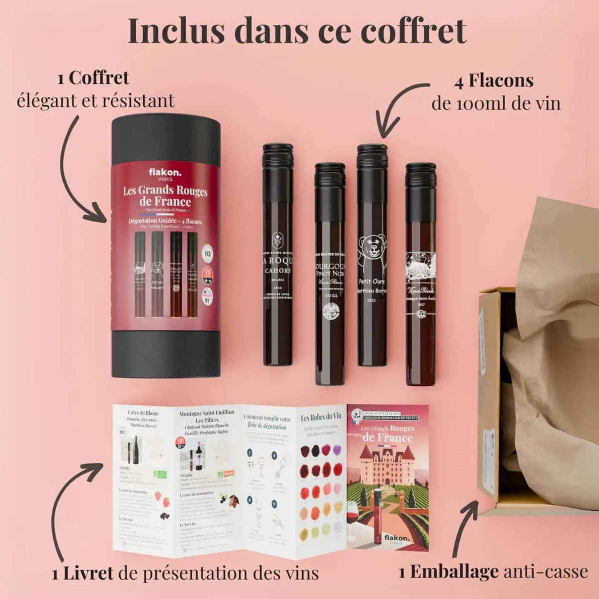 Coffret de grands crus avec flacons élégants en verre