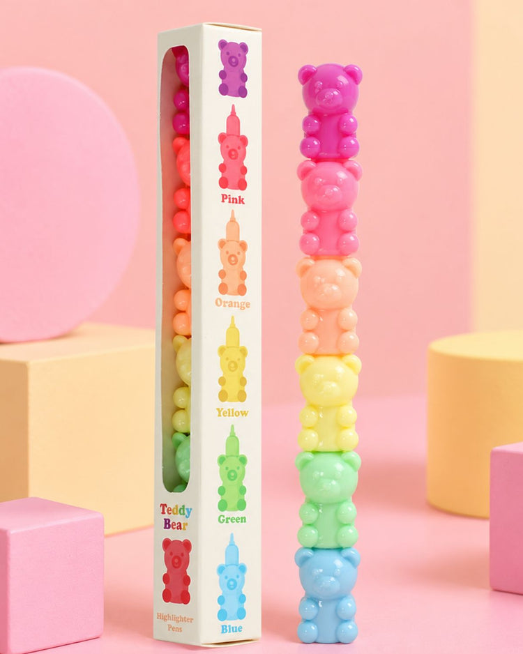 Surligneurs oursons empilables vus de face, couleurs vives