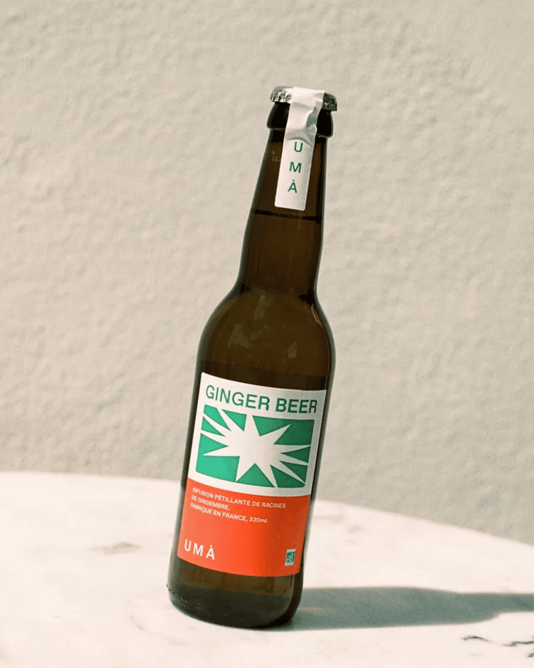 Bouteille de ginger beer bio avec étiquette colorée et design moderne.