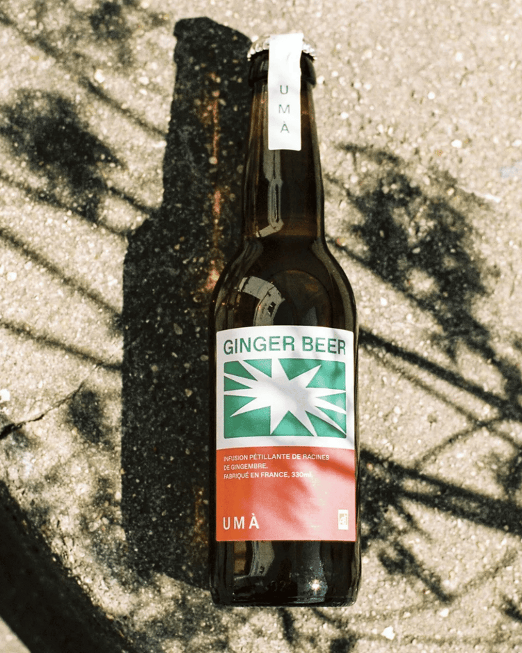 Bouteille de ginger beer bio avec étiquette colorée et bulle d'air