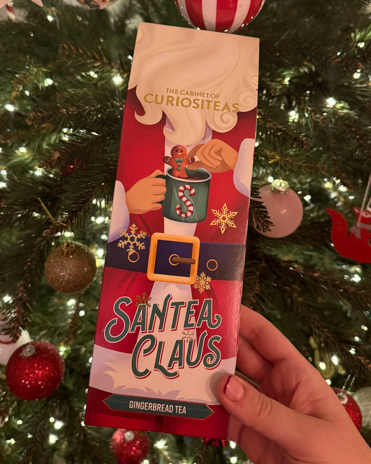 Thé de Noël SantaTEA avec infuseur sur fond clair