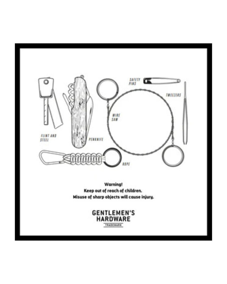 Kit de survie avec outils variés sur fond naturel