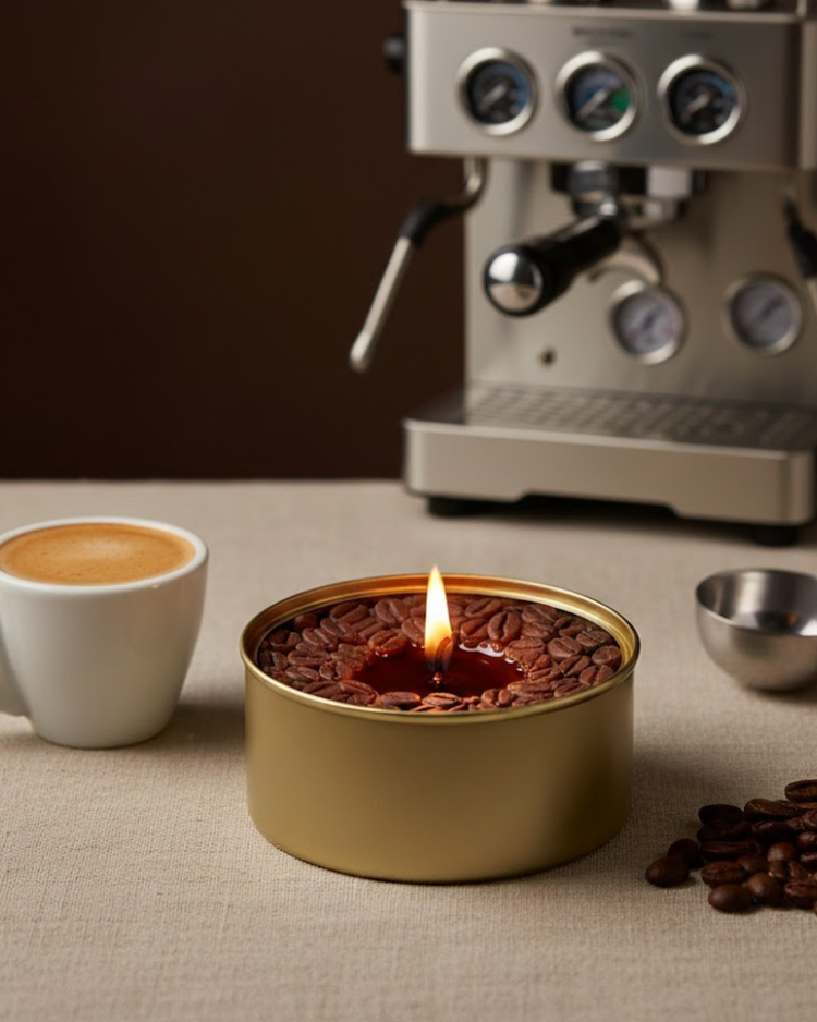 Bougie trompe l'œil en forme de tasse de café sur table en bois