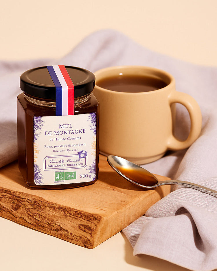 Pot de miel de montagne avec étiquette artisanale en gros plan.