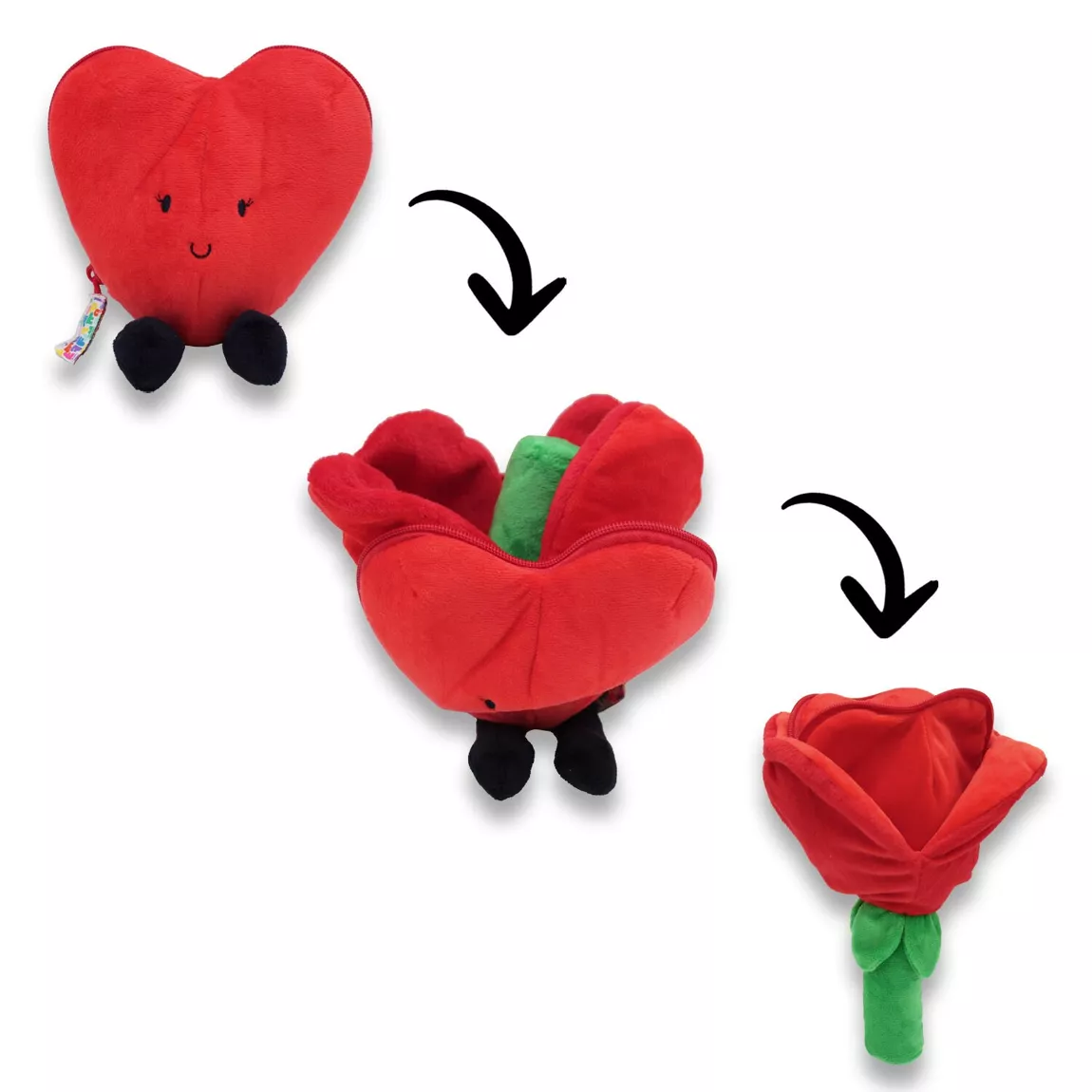 Peluche 2 en 1 cœur et fleur, vue de face avec zip ouvert.