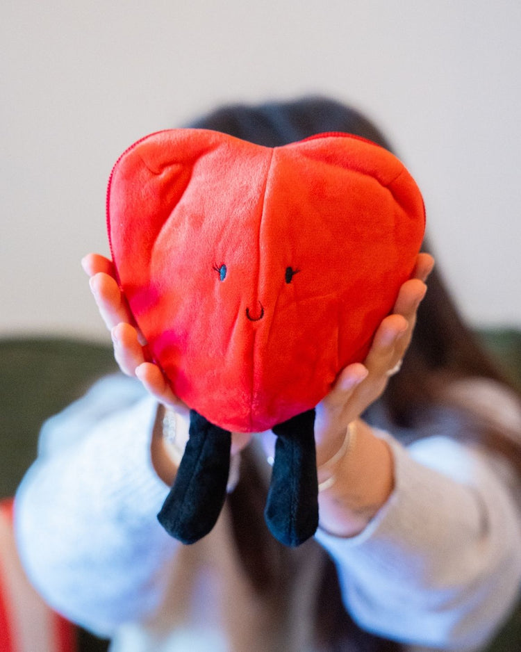 Peluche cœur et fleur, vue de face avec zip ouvert