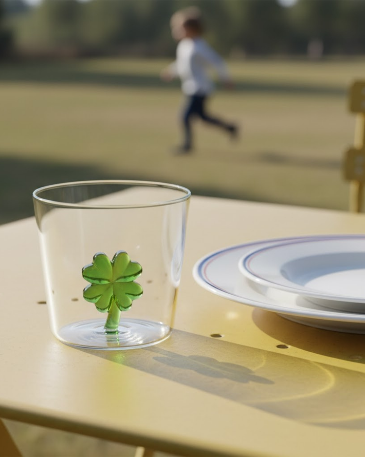 Verre avec motif trèfle sur fond blanc, angle légèrement incliné