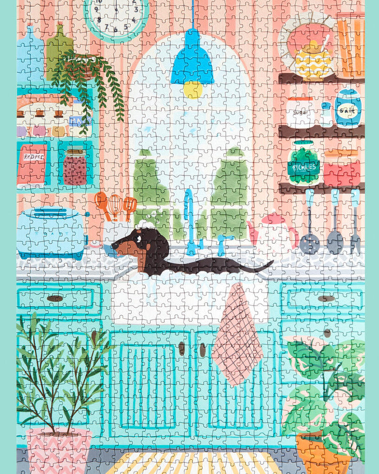Puzzle représentant un teckel dans un bain moussant coloré.