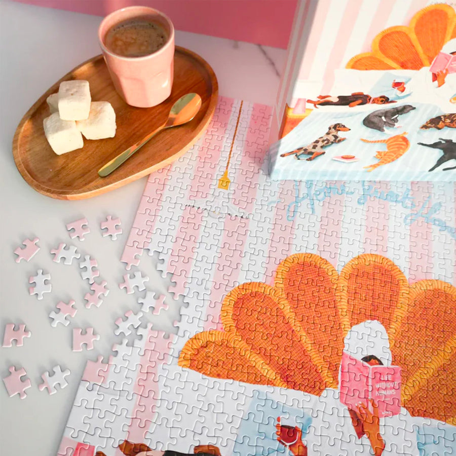 Puzzle illustrant un moment cocooning avec des chats