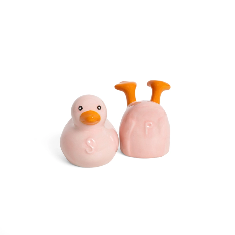 Duo de salière et poivrière canard, angle latéral amusant