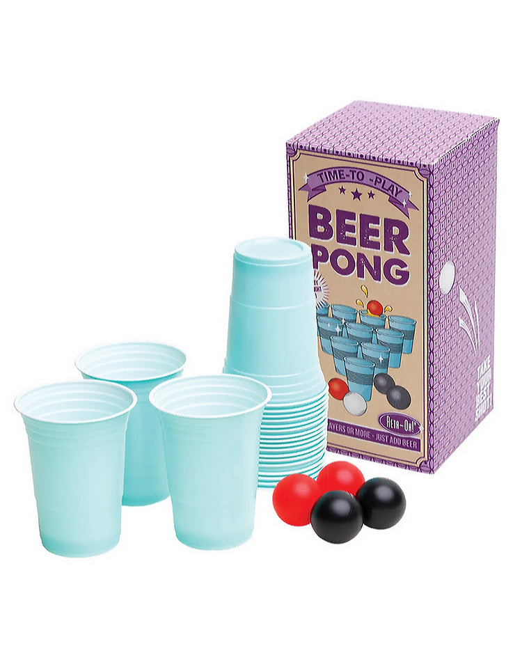 Jeu Beer Pong avec verres en plastique et balles blanches.