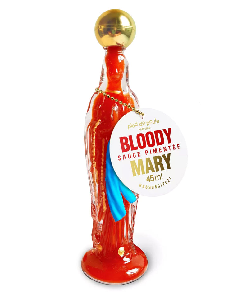 Bouteille de sauce pimentée Bloody Mary avec étiquette colorée.
