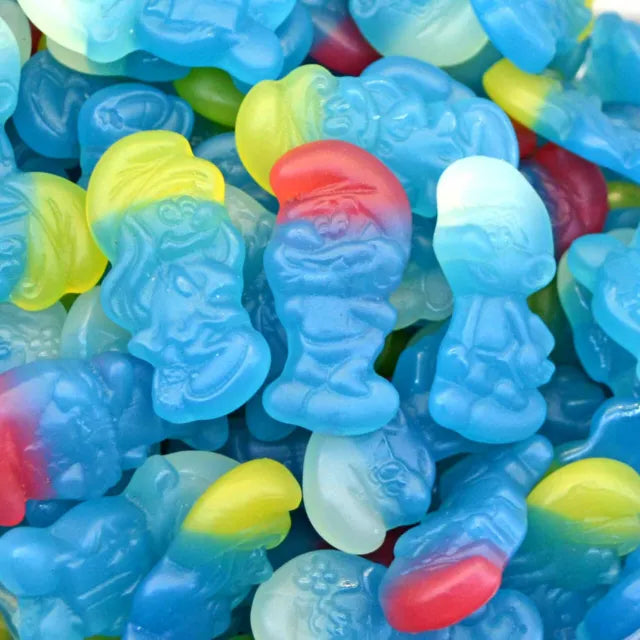 Cinq sachets de Mini Schtroumpfs avec motifs colorés.