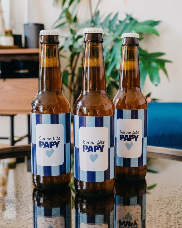 Bière 'Bonne fête papy' avec étiquette festive et design coloré