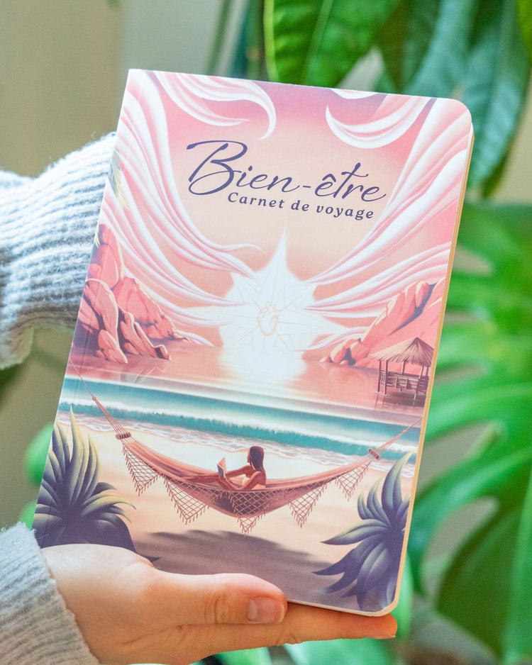 Carnet Bien Être avec motif de hamac et coucher de soleil