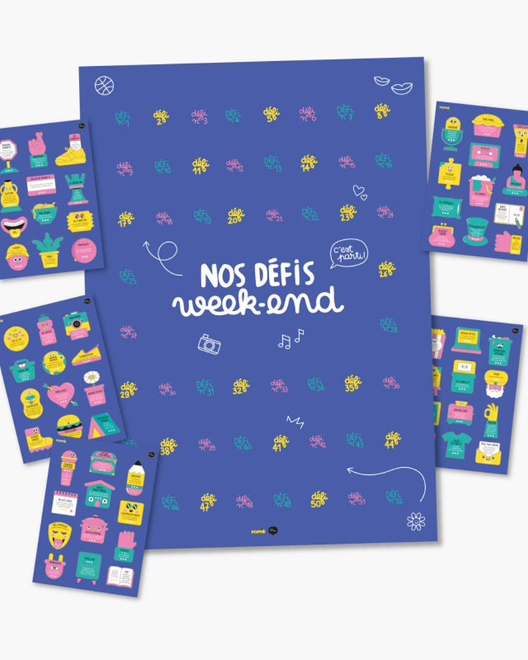 Poster à stickers coloré avec défis pour enfants, design ludique.