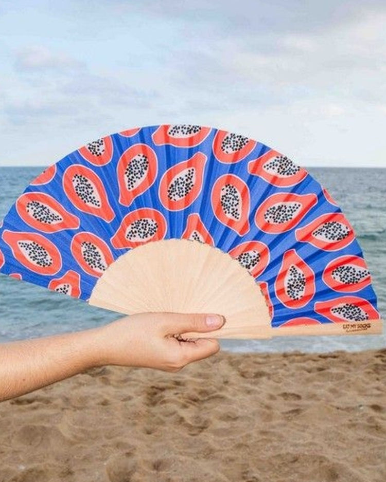 Éventail Papaye ouvert, motif tropical vibrant en détail