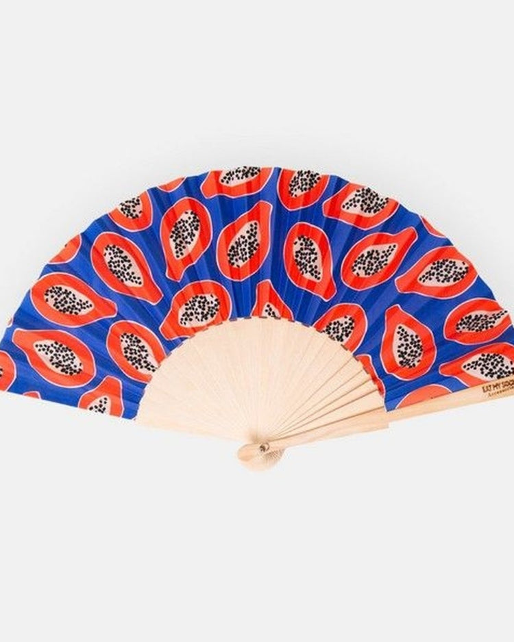 Éventail Papaye ouvert, motif tropical vibrant et texture légère