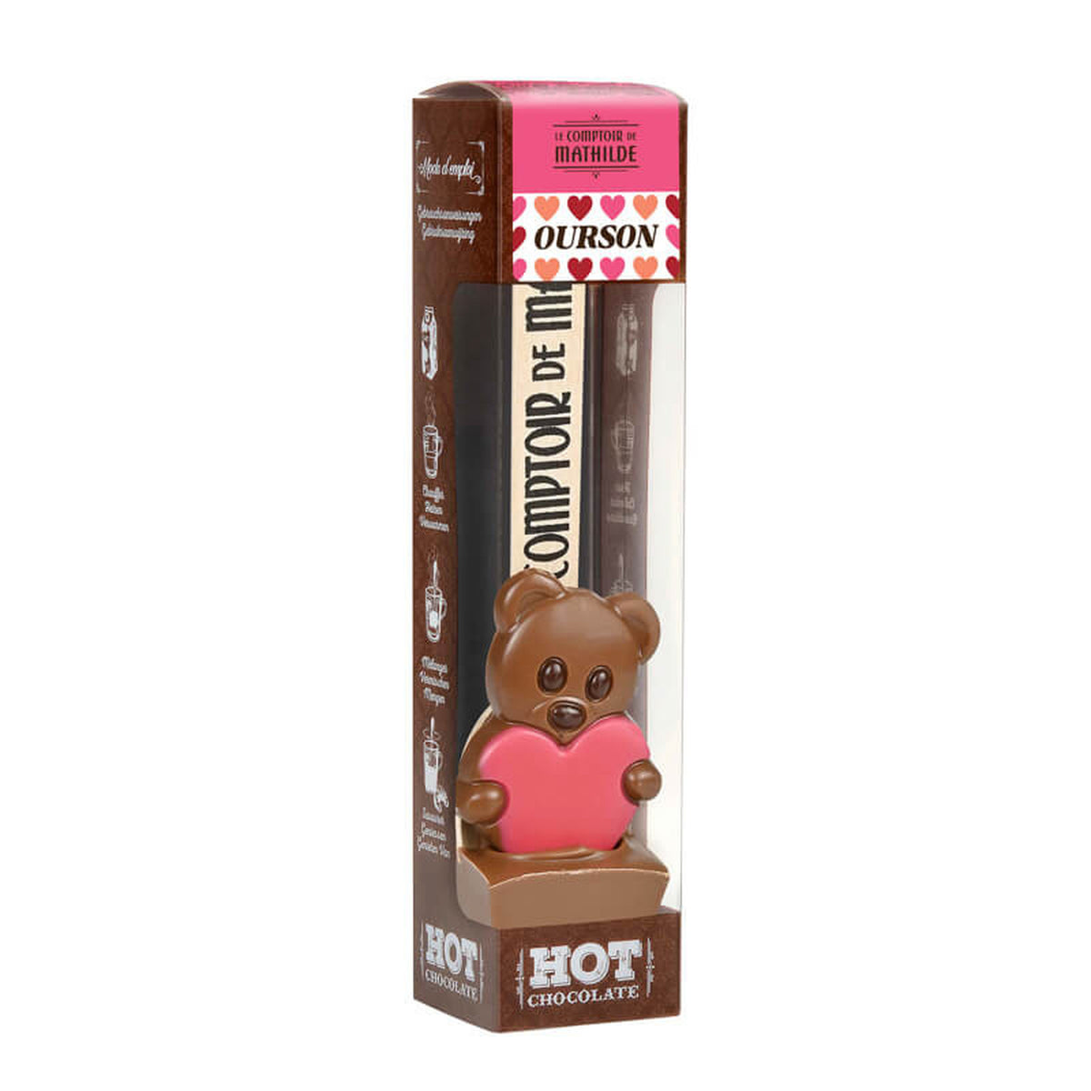 Cuillère en chocolat ourson tenant un cœur, vue de face