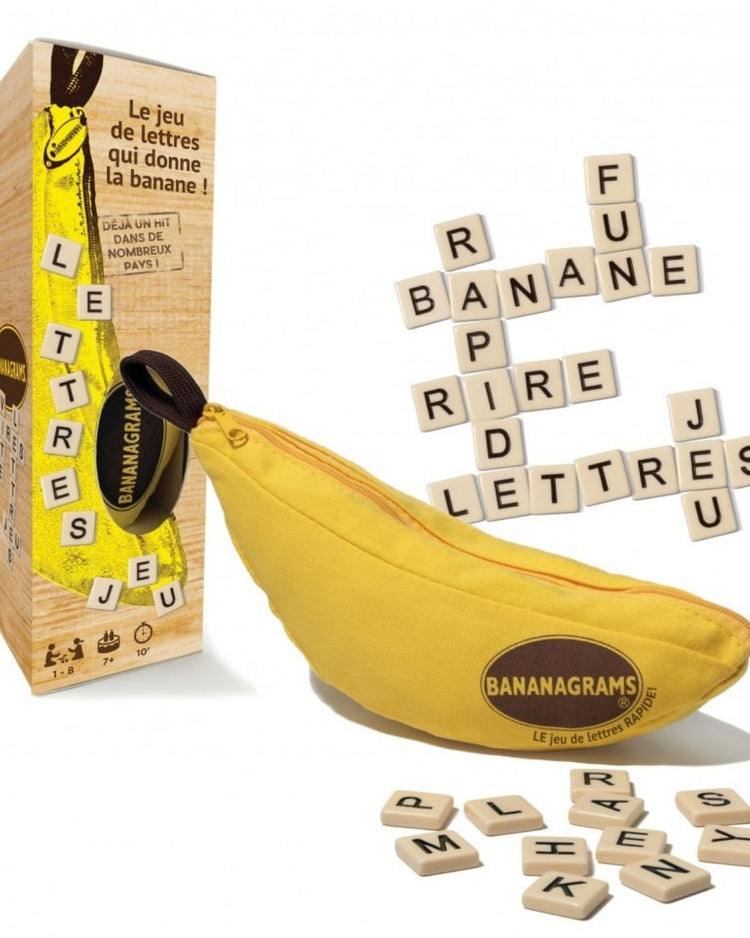 Trousse en tissu du jeu Bananagrams avec lettres colorées