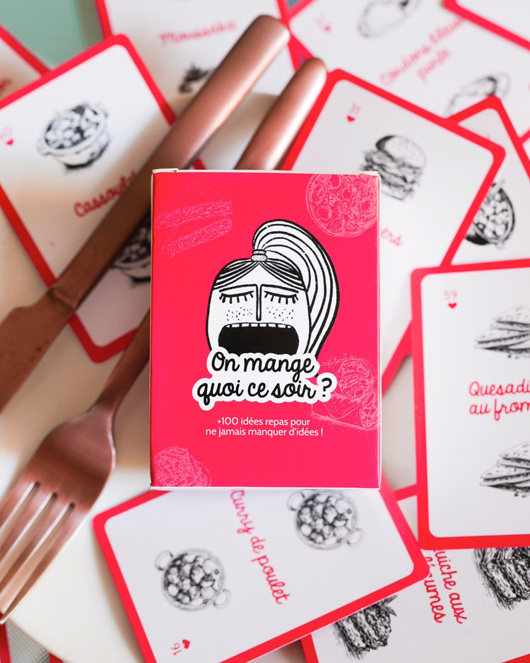 Cartes de jeu avec illustrations colorées sur le thème du dîner.