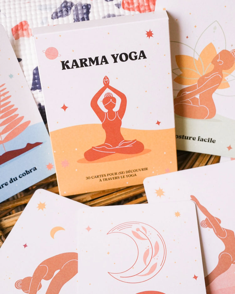 Cartes de yoga avec illustrations colorées et texte explicatif.