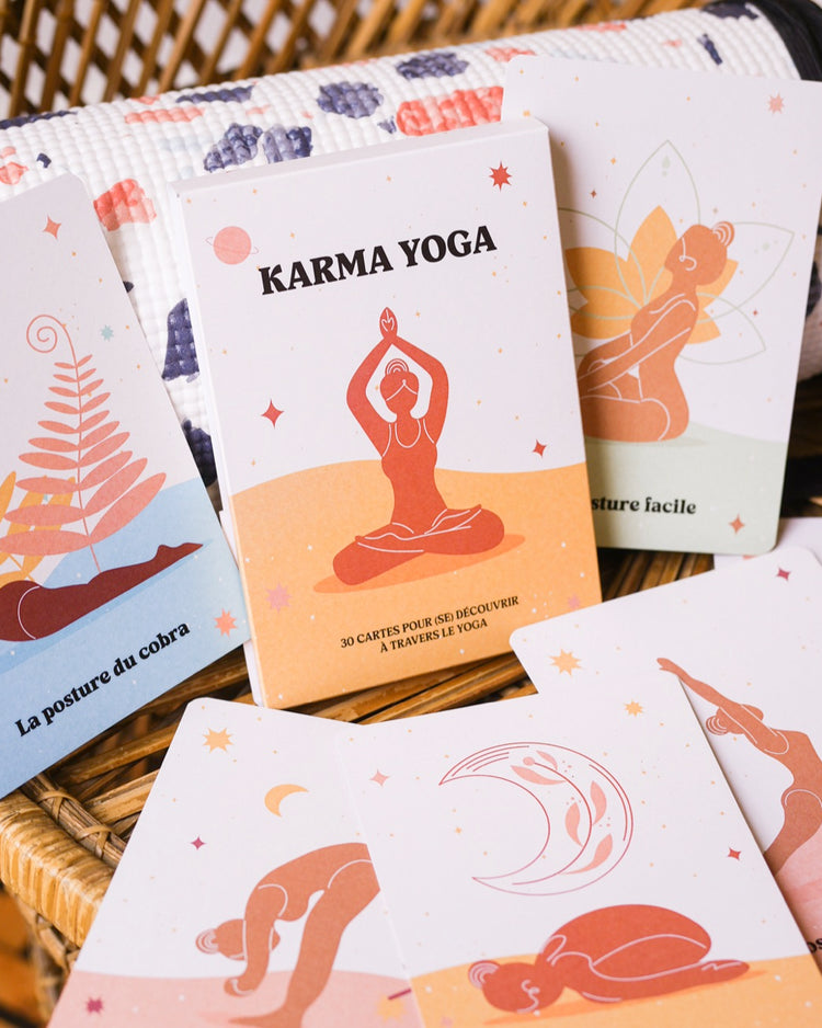 Cartes de yoga avec illustrations colorées et texte explicatif.
