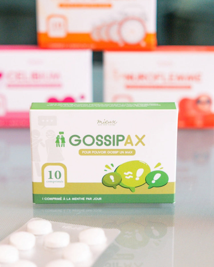 Comprimés humoristiques Gossipax avec un design coloré et ludique.
