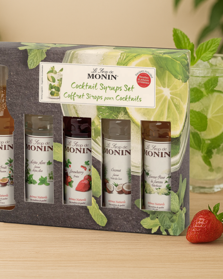 Coffret de 5 sirops pour cocktails avec étiquettes colorées