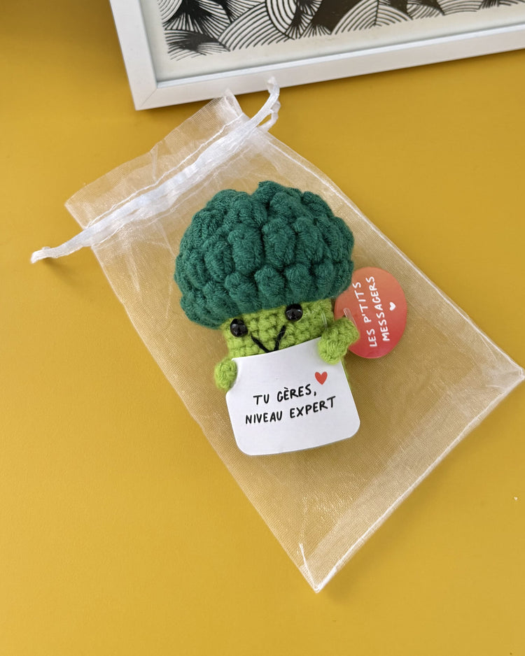 Brocoli en peluche avec message humoristique sur fond clair.