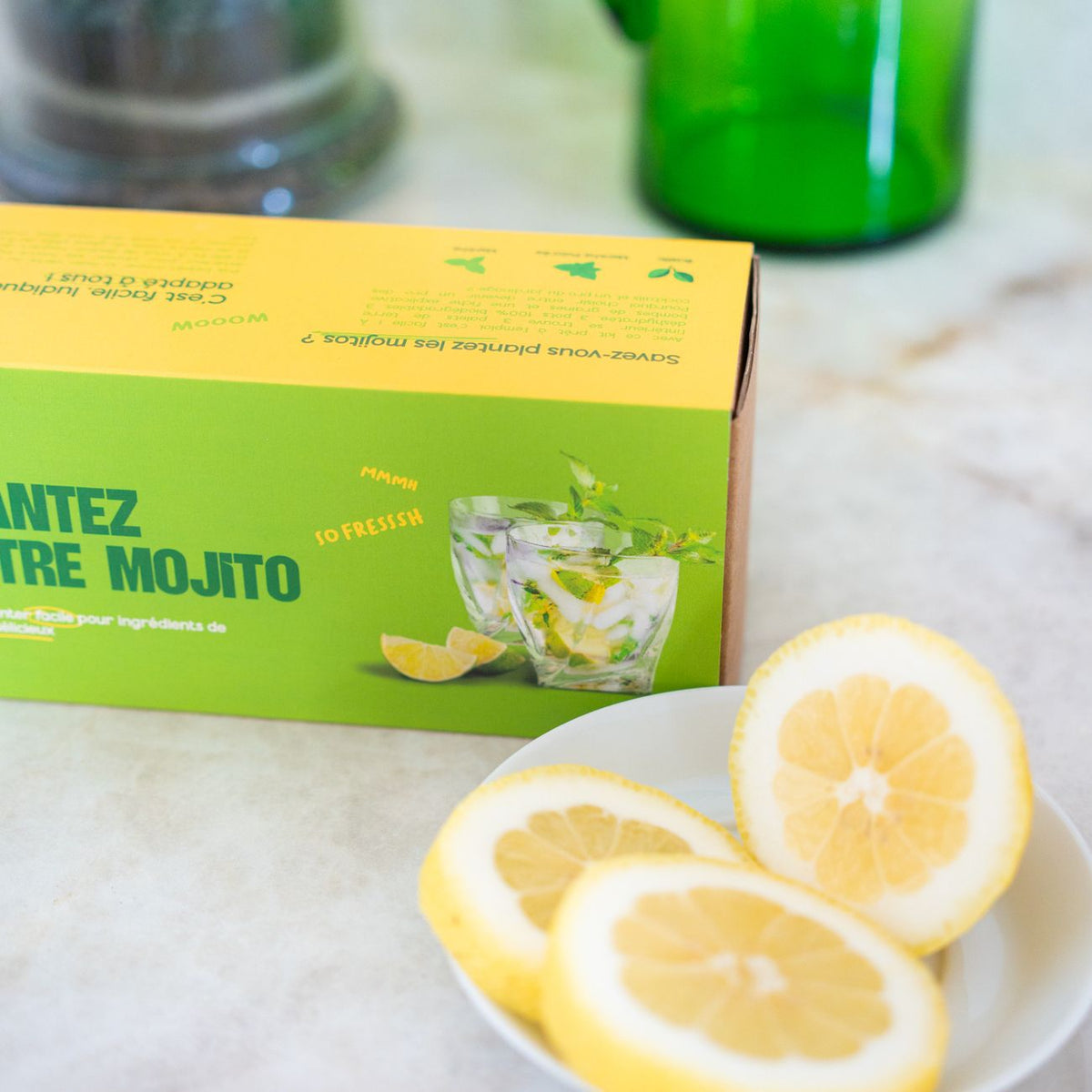Kit de jardinage pour cultiver basilic et menthe, vue de dessus.