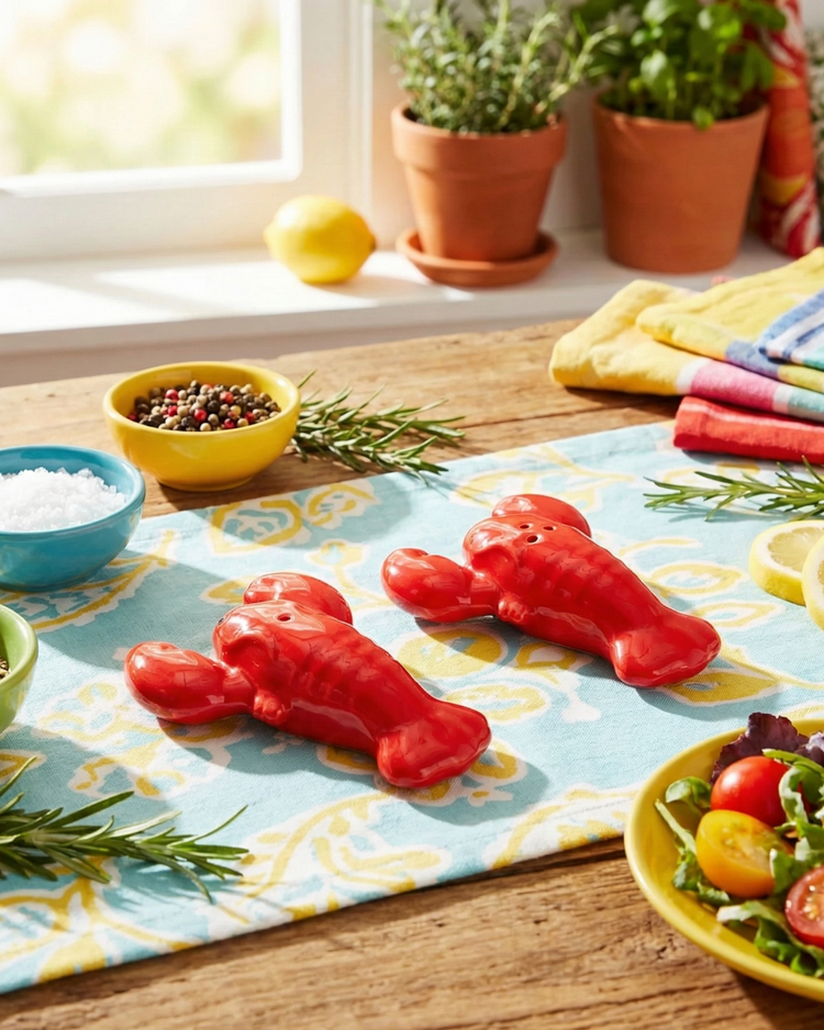 Salière et poivrière en forme de homard sur fond blanc