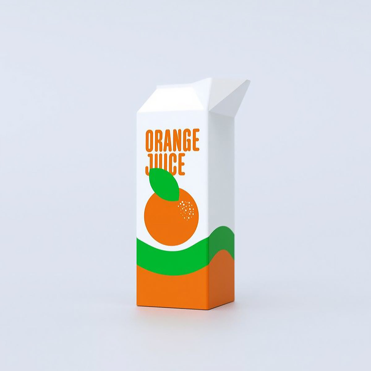 Vase en forme de brique de jus d'orange, vue de côté.