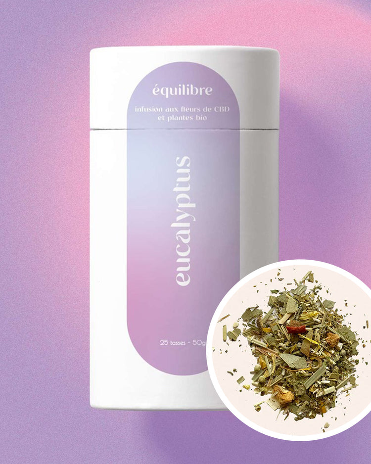 Tisane au CBD et eucalyptus en sachet, vue de face.