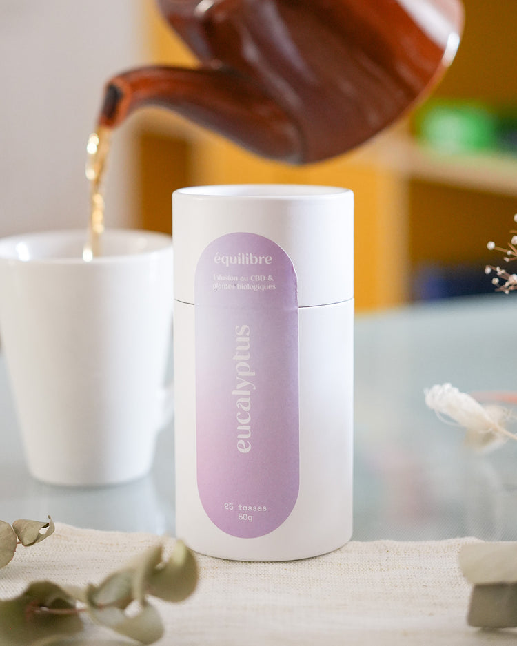 Tisane au CBD et eucalyptus en sachet, vue de face.