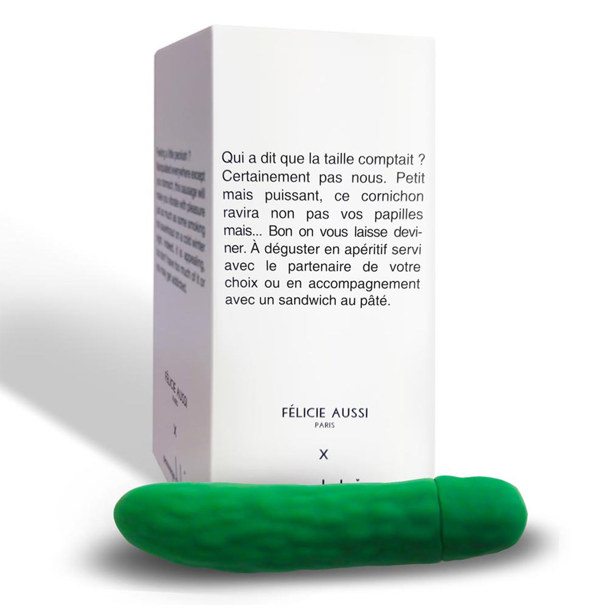 Sextoy vibrant cornichon en silicone, vue de côté.