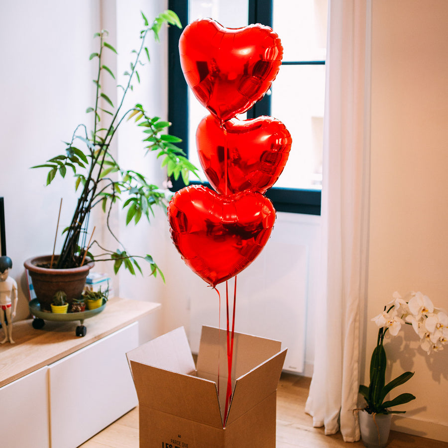 Box 3 Ballons Coeurs rouges dans un emballage élégant
