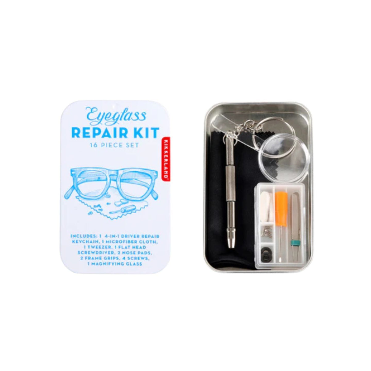 Kit de réparation pour lunettes avec outils variés sur fond neutre