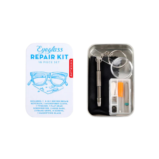 Kit de réparation pour lunettes avec outils variés sur fond neutre